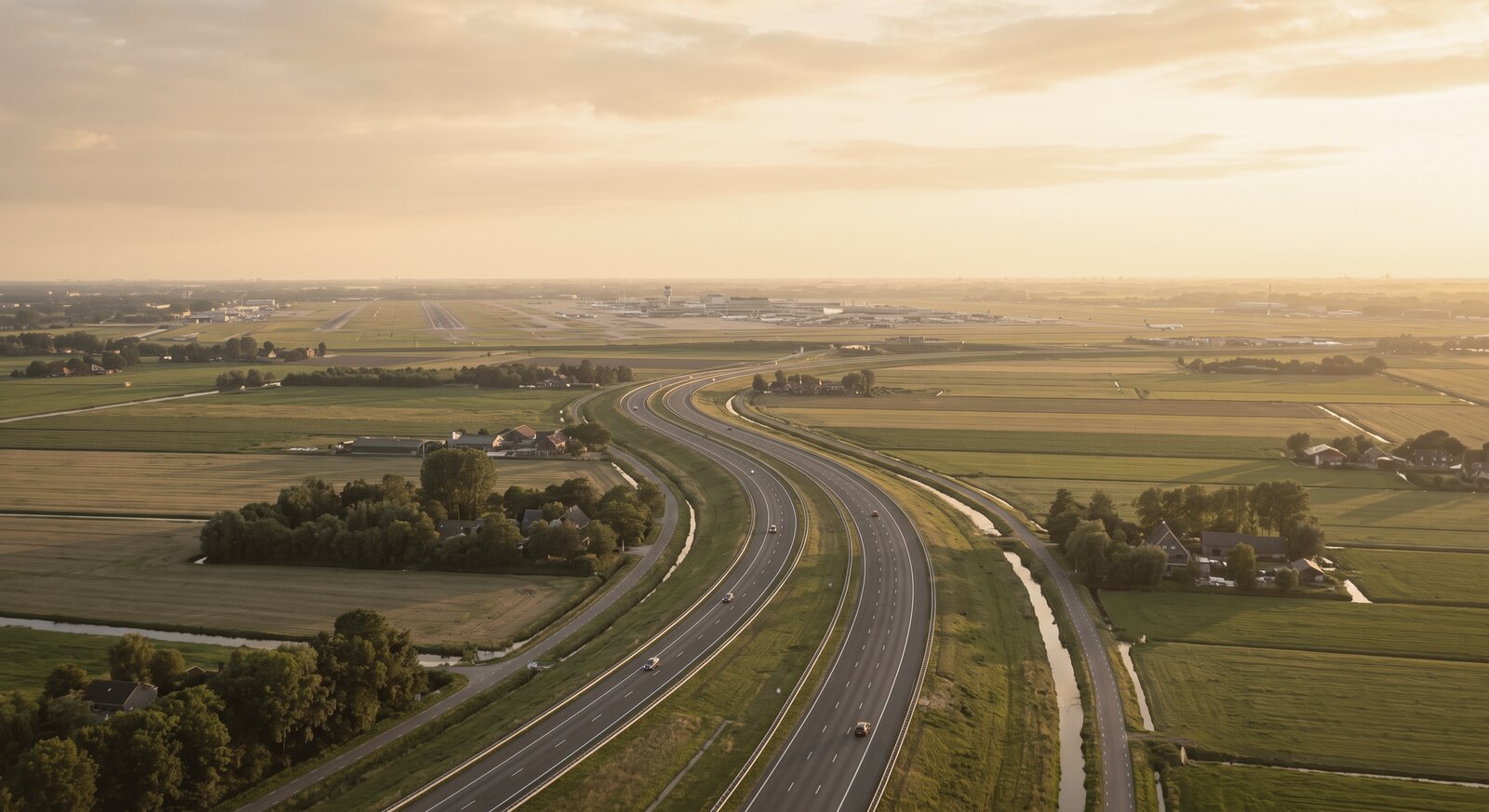 Snelweg door de polder richting Schiphol bij zonsopkomst